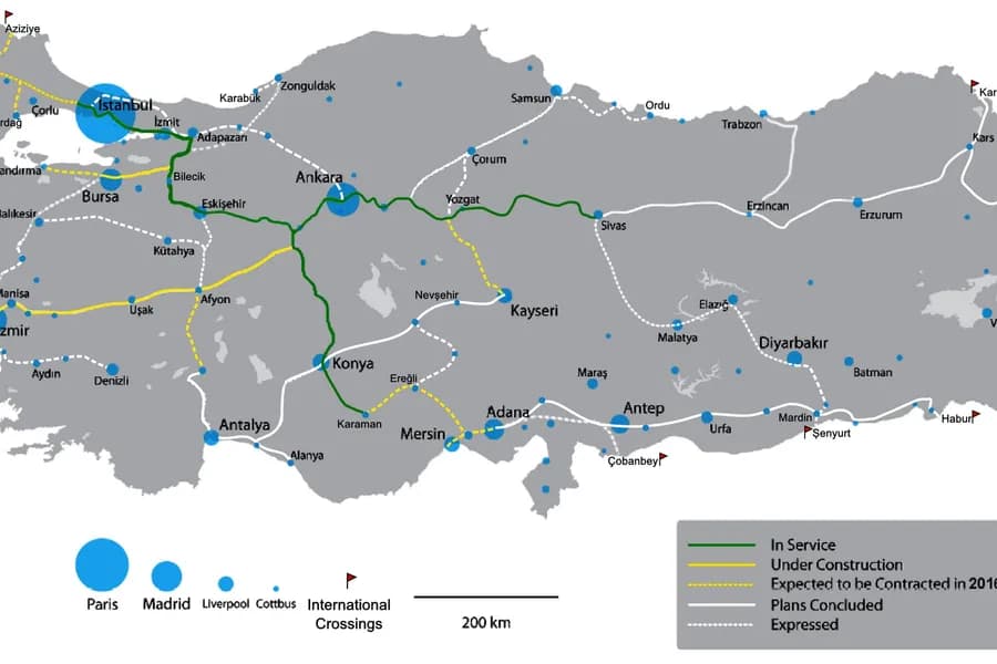 ankara eskişehir hızlı tren The high speed rail lines in Turkey that are built, in service, under construction, planned and expressed with cities' pop